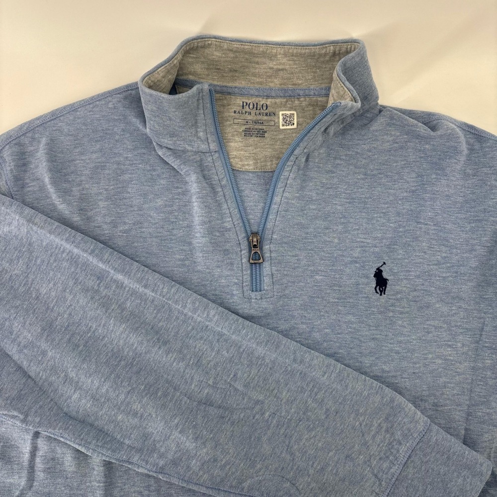 Polo Ralph Lauren Quarter Zip Pullover Men Medium Light Blue Heathered Logo
